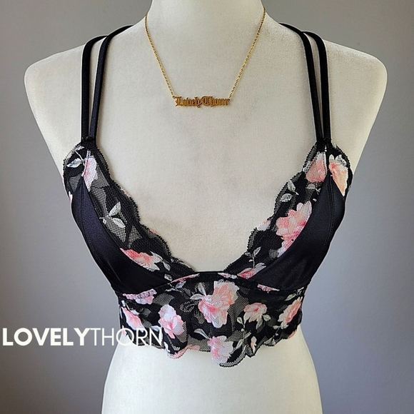 VS PINK // ltd ed stretchy satin & lace strappy cross back plunge bralette - Picture 7 of 11